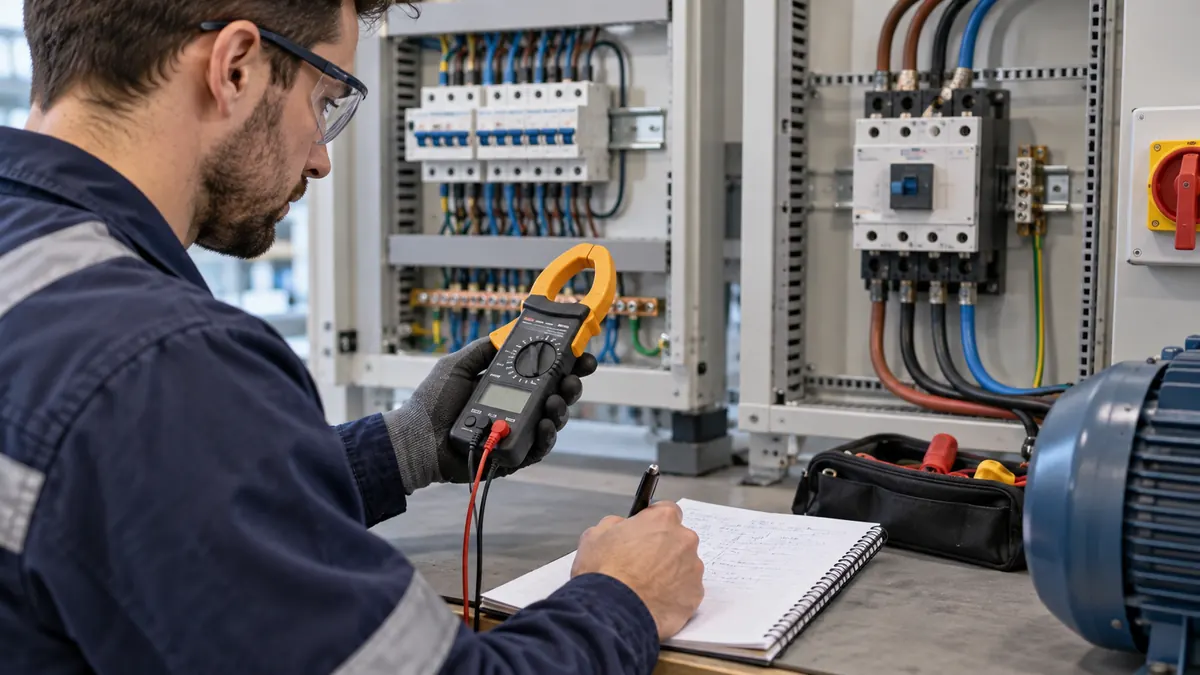 Electrician comparing clamp meter readings with a written load record