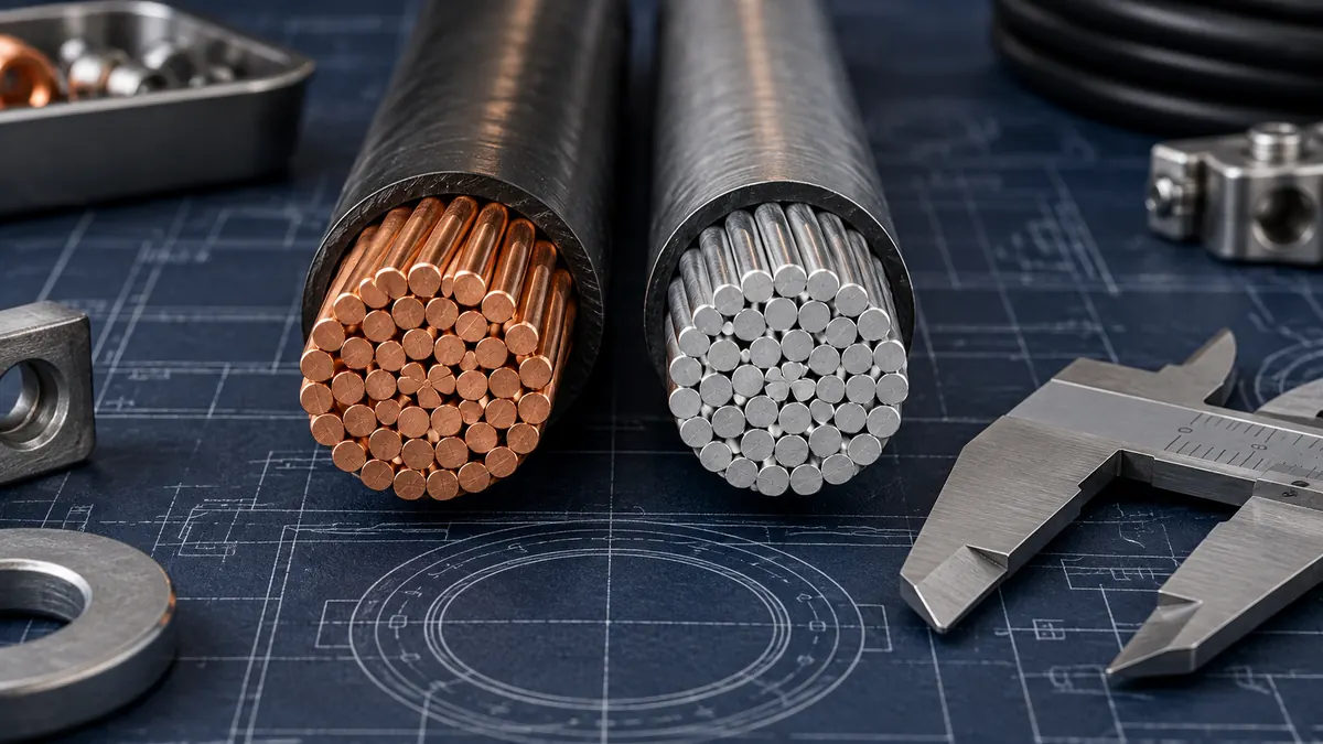 Copper and aluminium conductor samples arranged for engineering comparison