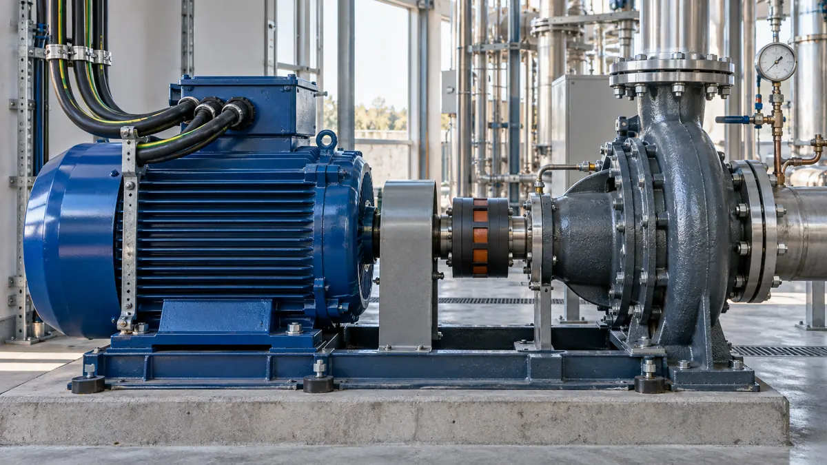 Industrial electric motor coupled to a driven machine on a workshop floor