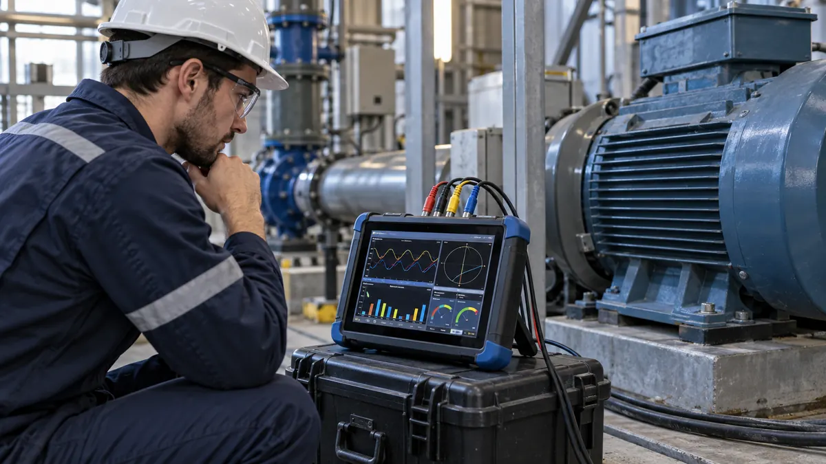 Engineer reviewing current and power factor readings from a motor circuit