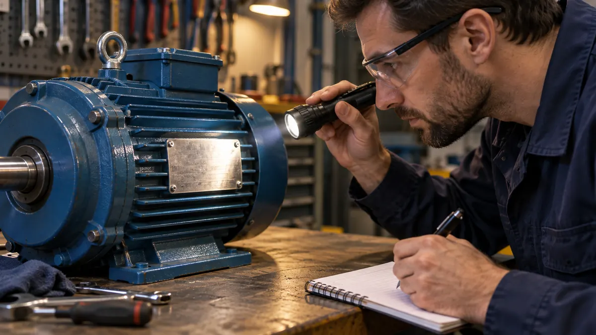 Technician examining the metal nameplate on an industrial electric motor