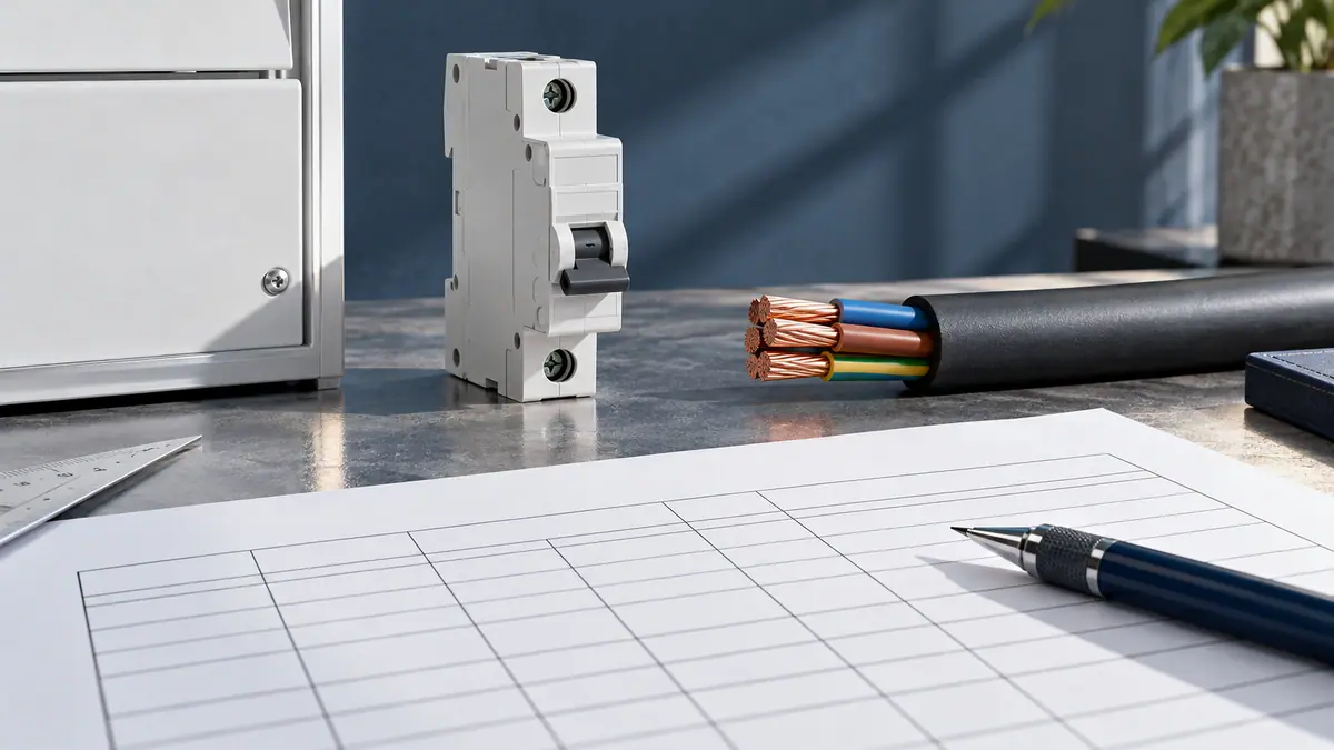 Unbranded breaker, copper cable and blank circuit schedule on an engineering desk