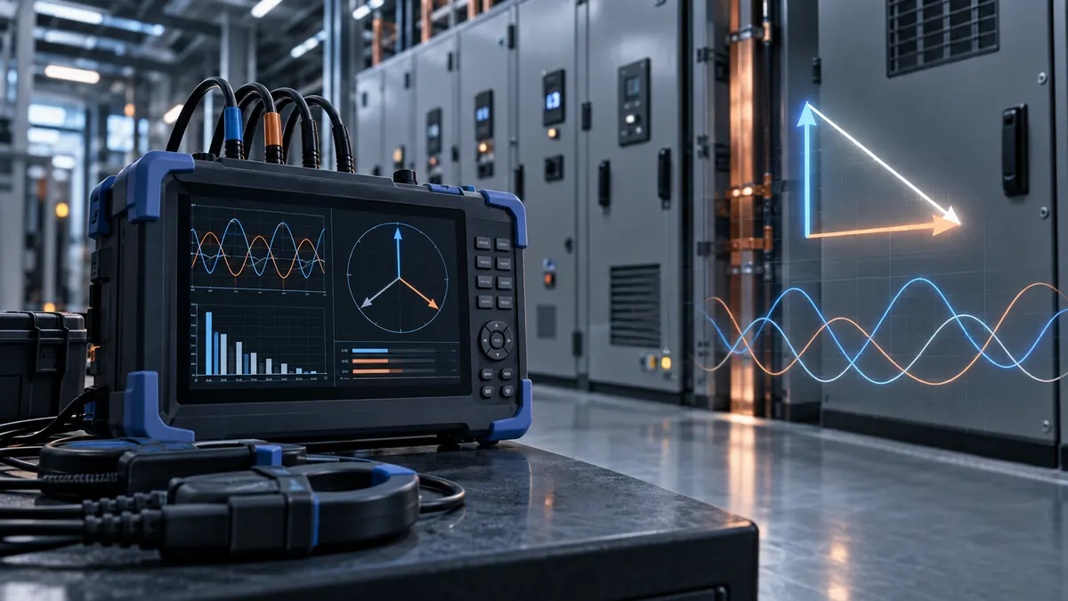 Electrical power quality screen beside industrial switchgear