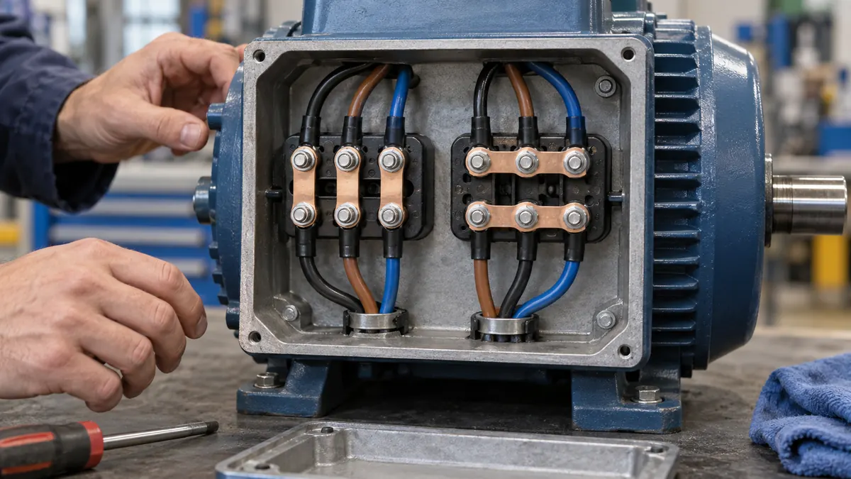 Star and delta motor connection links being inspected in a terminal box