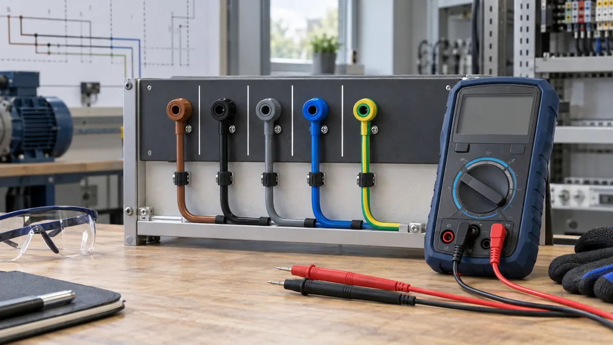 Multimeter probes positioned for line and neutral voltage measurements
