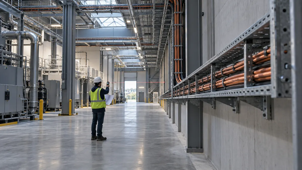 Electrical cable route being measured across a large technical facility