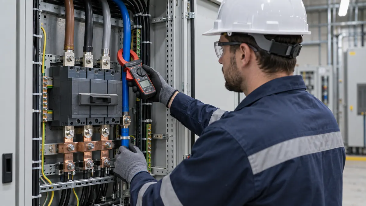 Technician measuring three phase conductors and a neutral conductor in a panel