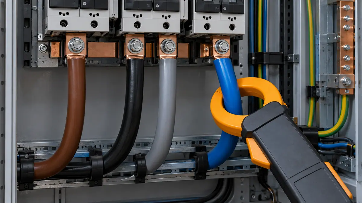 Clamp meter around one neutral conductor in a three-phase distribution panel