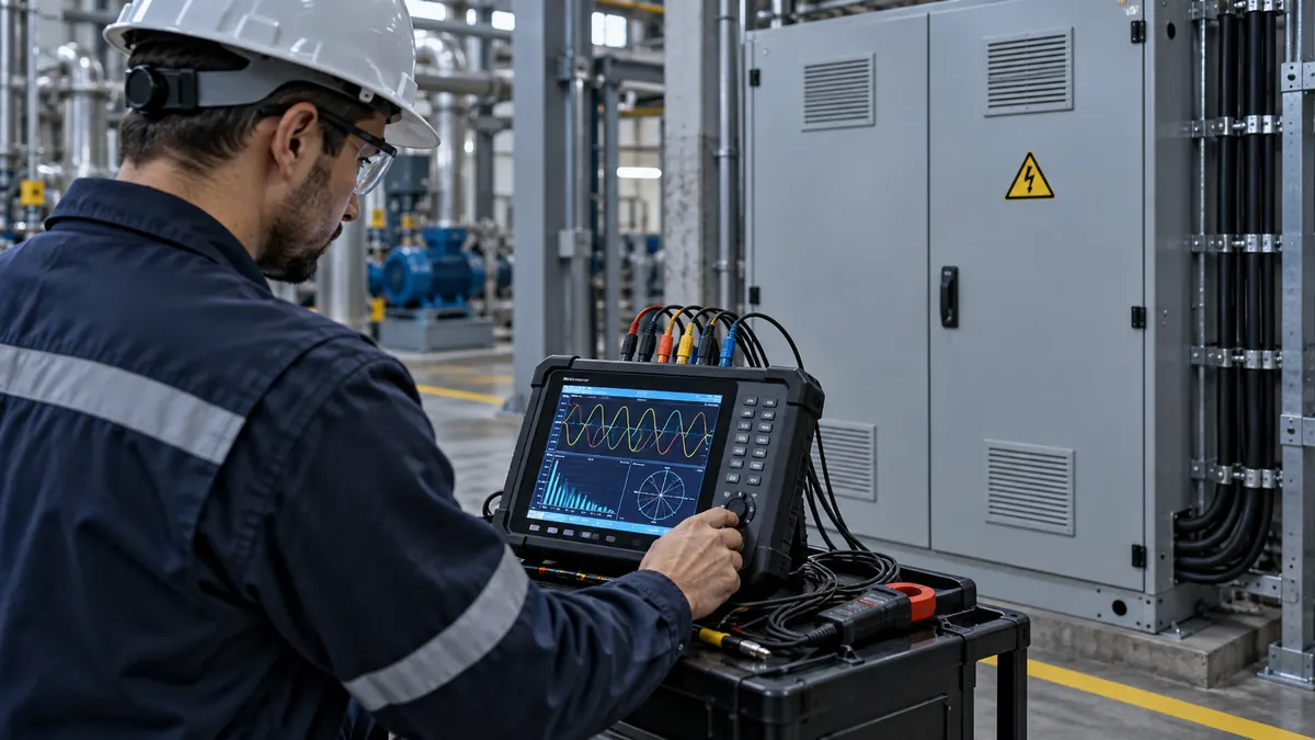 Electrical engineer reviewing power quality data beside capacitor equipment