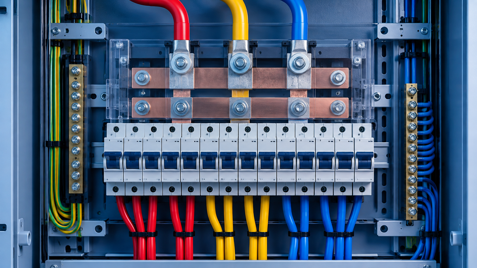 Three coloured conductors in an electrical installation