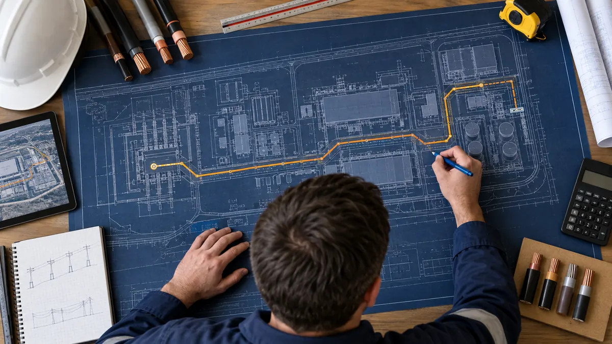 Long three-phase feeder route marked on an industrial electrical drawing
