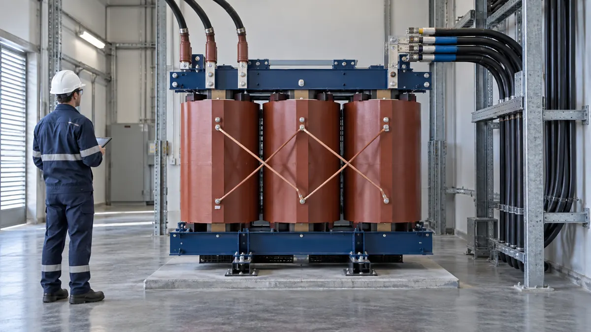 Dry type electrical transformer with primary and secondary cable terminations