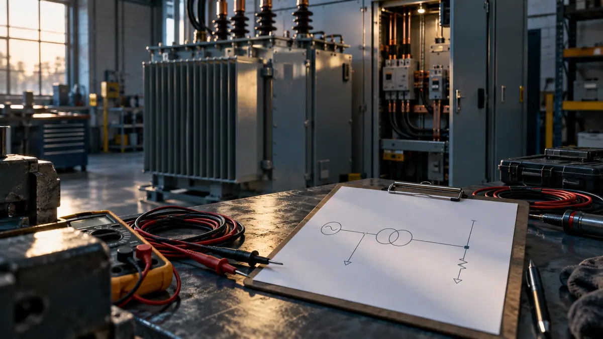 Generic transformer and unlabelled one-line electrical drawing in an engineering workspace