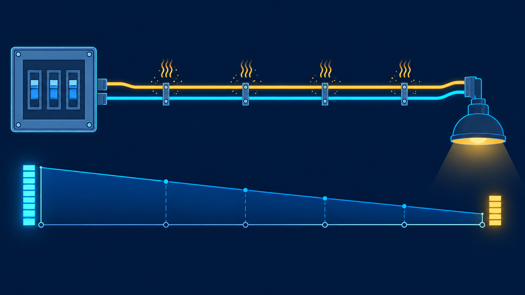 Illustration of voltage decreasing along a conductor route