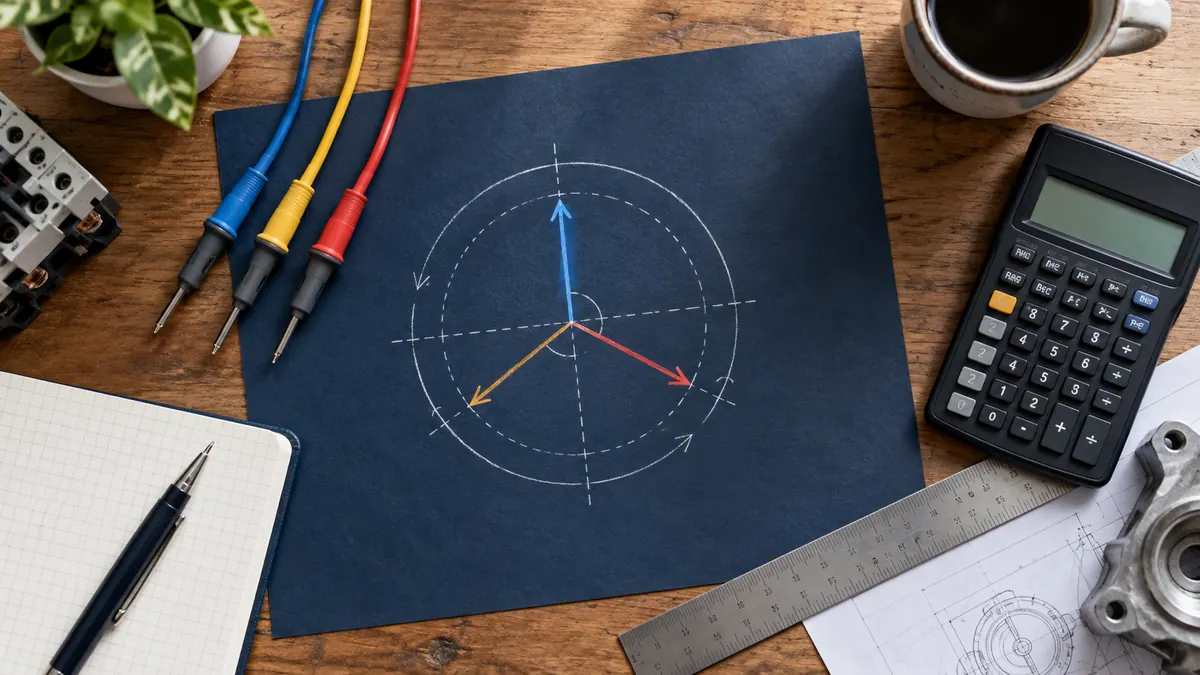 Three phase waveform and phasor sketches on an engineering desk