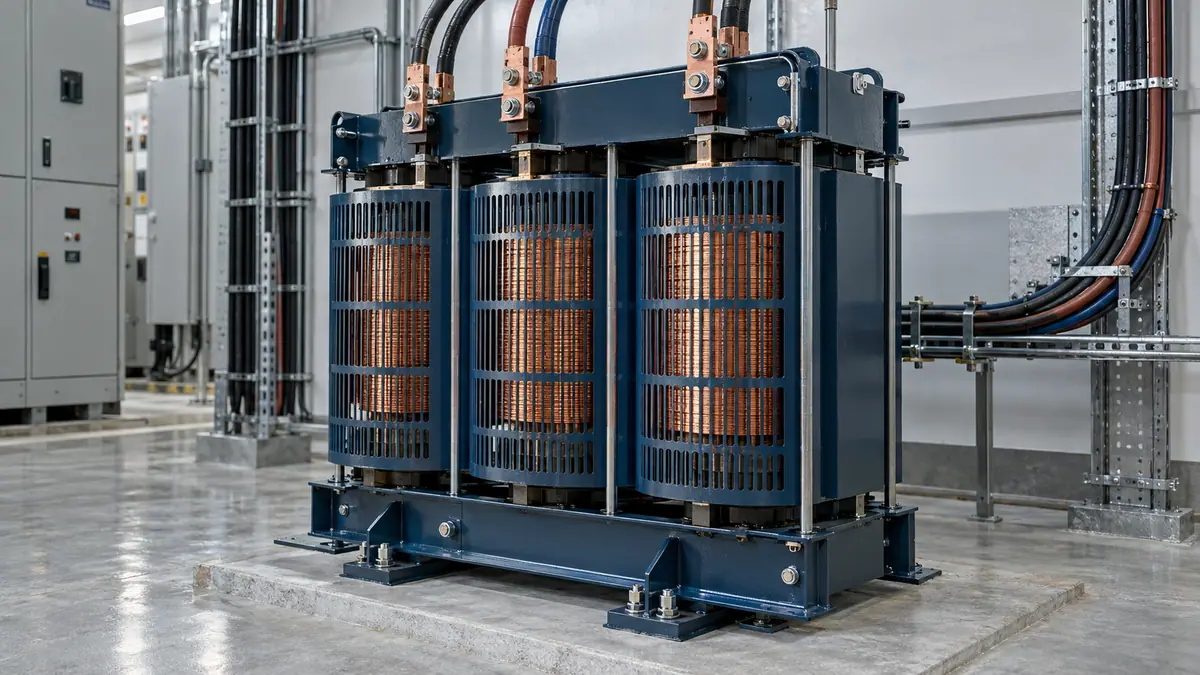 Unbranded dry-type transformer with visible windings and connected conductors